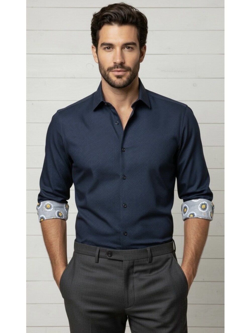 TED BAKER LONDON Mens Cotton CLASICS Button-Up Shirt in Navy Dot Print-4|Large